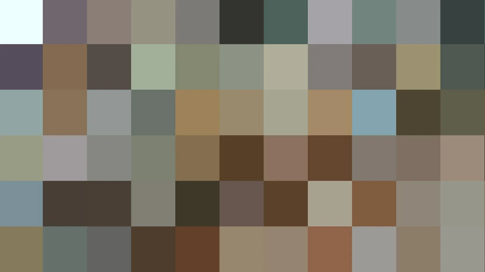 Pixelmosaik aus einem Raster von Rechtecken in gedämpften Grau-, Braun- und Grüntönen, mit wenigen hellen und dunklen Feldern.