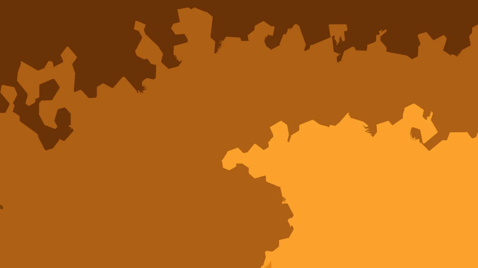 Abstrakte Komposition aus drei orangefarbenen bis braunen Flächen mit gezackten Rändern, das hellste Feld liegt rechts unten.