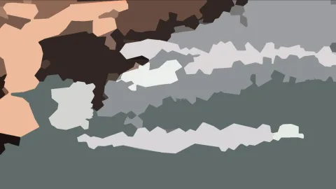 Abstrakte Komposition aus unregelmäßigen Flächen in Pfirsich, Braun, Grau und Dunkelgrün.