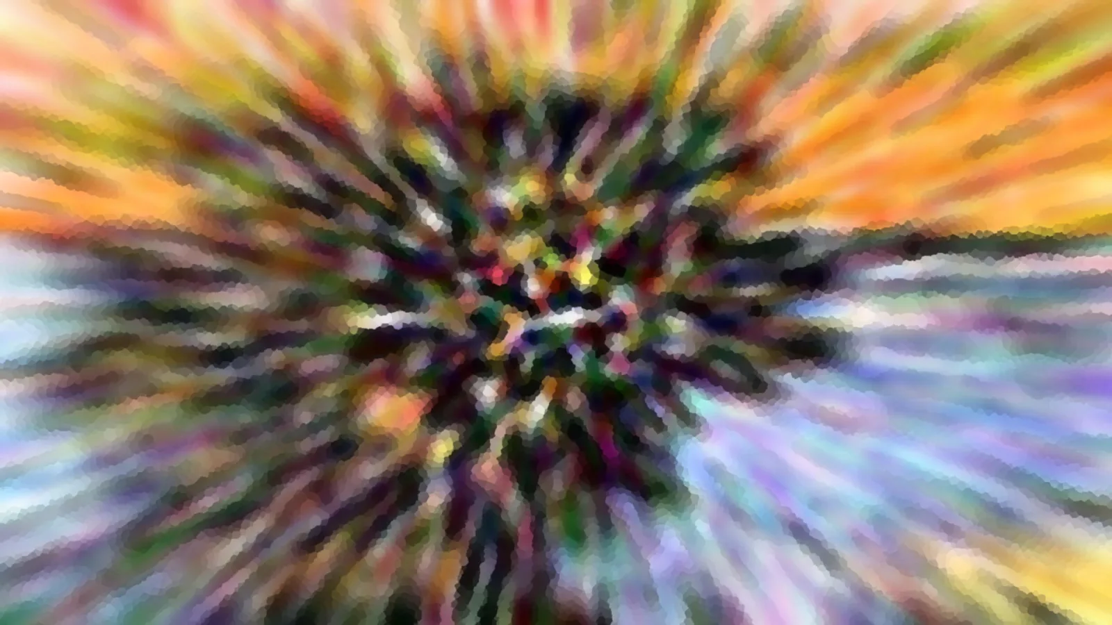 Abstrakte Komposition mit radial von einem dunklen Zentrum nach außen laufenden, bunten Schlieren in Orange, Grün und Violett, oben rechts warmes Orange, unten links kühles Blau.