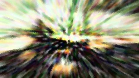 Abstrakte Komposition aus radialen Schlieren in Grün, Gelb und Weiß, die von einem dunklen Zentrum nach außen laufen, mit mosaikartiger Pixelstruktur.