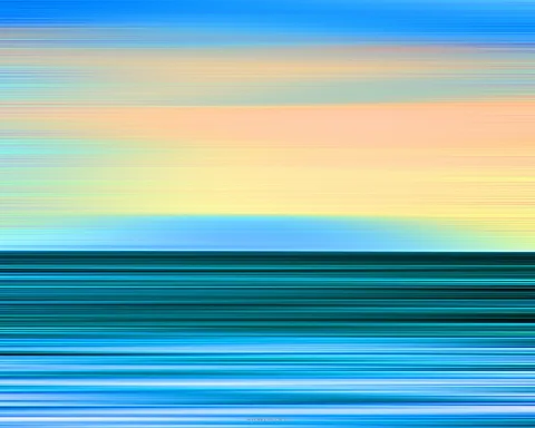 Abstrakte horizontale Streifen in Blau, Orange, Gelb und Türkis, die wie verwischte Bewegung wirken; oben blauer Verlauf, darunter Himmelsfarben, unten dunkles Türkis und helles Blau.