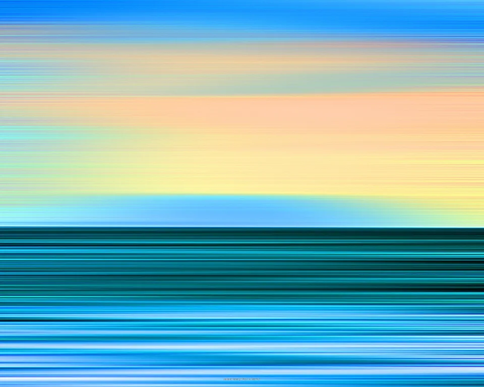 Abstrakte horizontale Streifen in Blau, Orange, Gelb und Türkis, die wie verwischte Bewegung wirken; oben blauer Verlauf, darunter Himmelsfarben, unten dunkles Türkis und helles Blau.