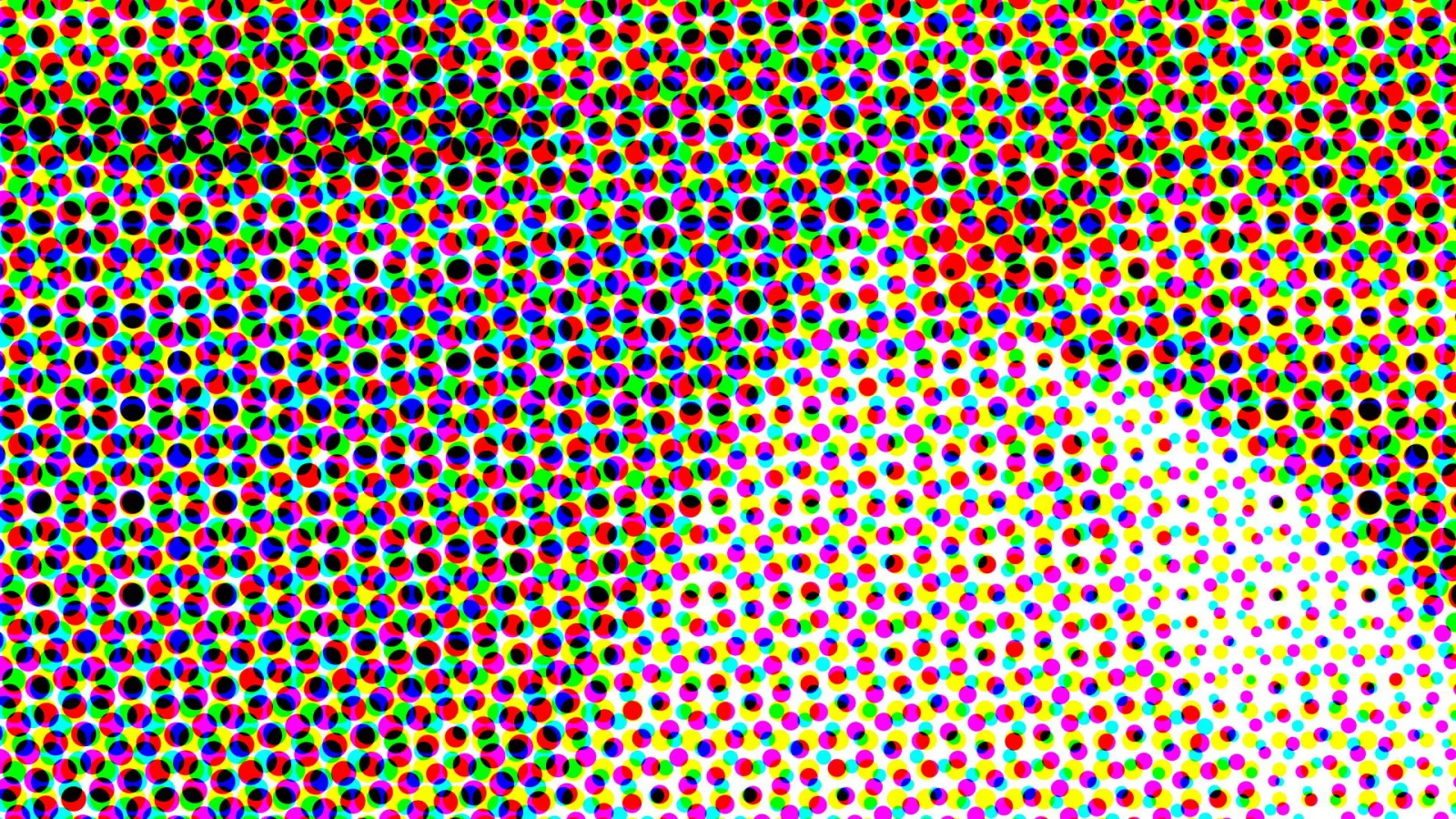 Raster aus kleinen farbigen Punkten in Rot, Grün, Blau, Gelb, Magenta und Cyan sowie Schwarz. Links oben sind die Punkte dicht gedrängt, nach rechts unten werden sie kleiner und lösen sich in Weiß auf.