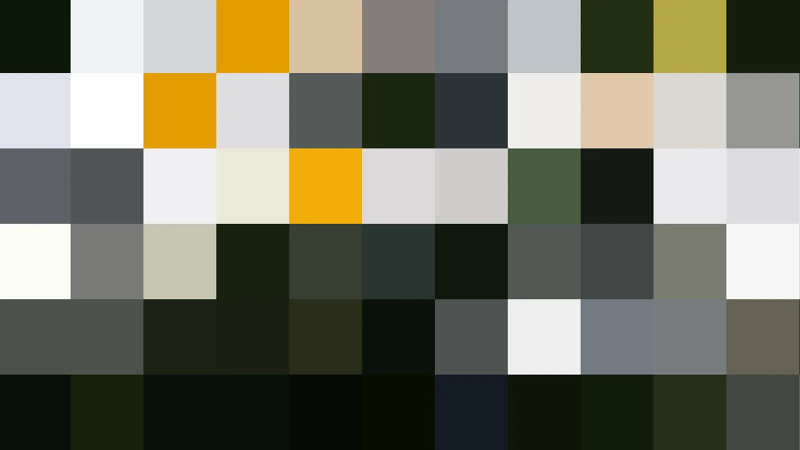 Abstraktes Mosaik aus quadratischen Farbfeldern in Schwarzgrün, Weiß, Grau und Ocker mit einzelnen gelben Akzenten.