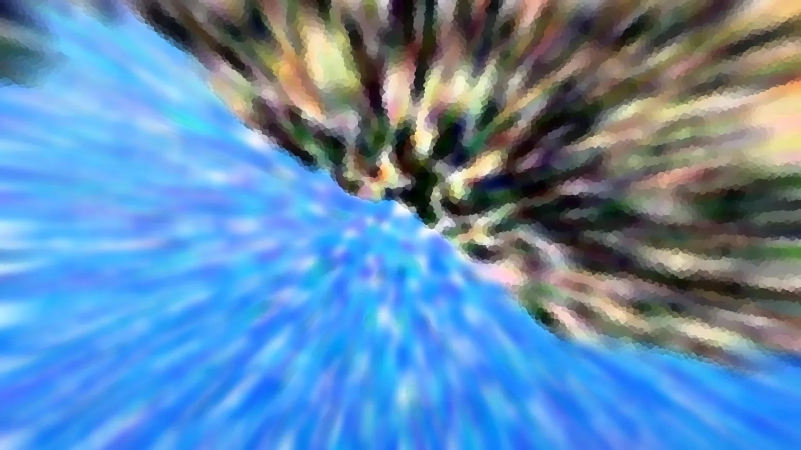 Abstrakte Komposition aus blauen und mehrfarbigen Streifen, die von einem Zentrum unten links radial nach außen laufen, grob gepixelt und unscharf.