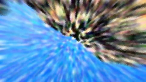 Abstrakte Komposition aus blauen und mehrfarbigen Streifen, die von einem Zentrum unten links radial nach außen laufen, grob gepixelt und unscharf.