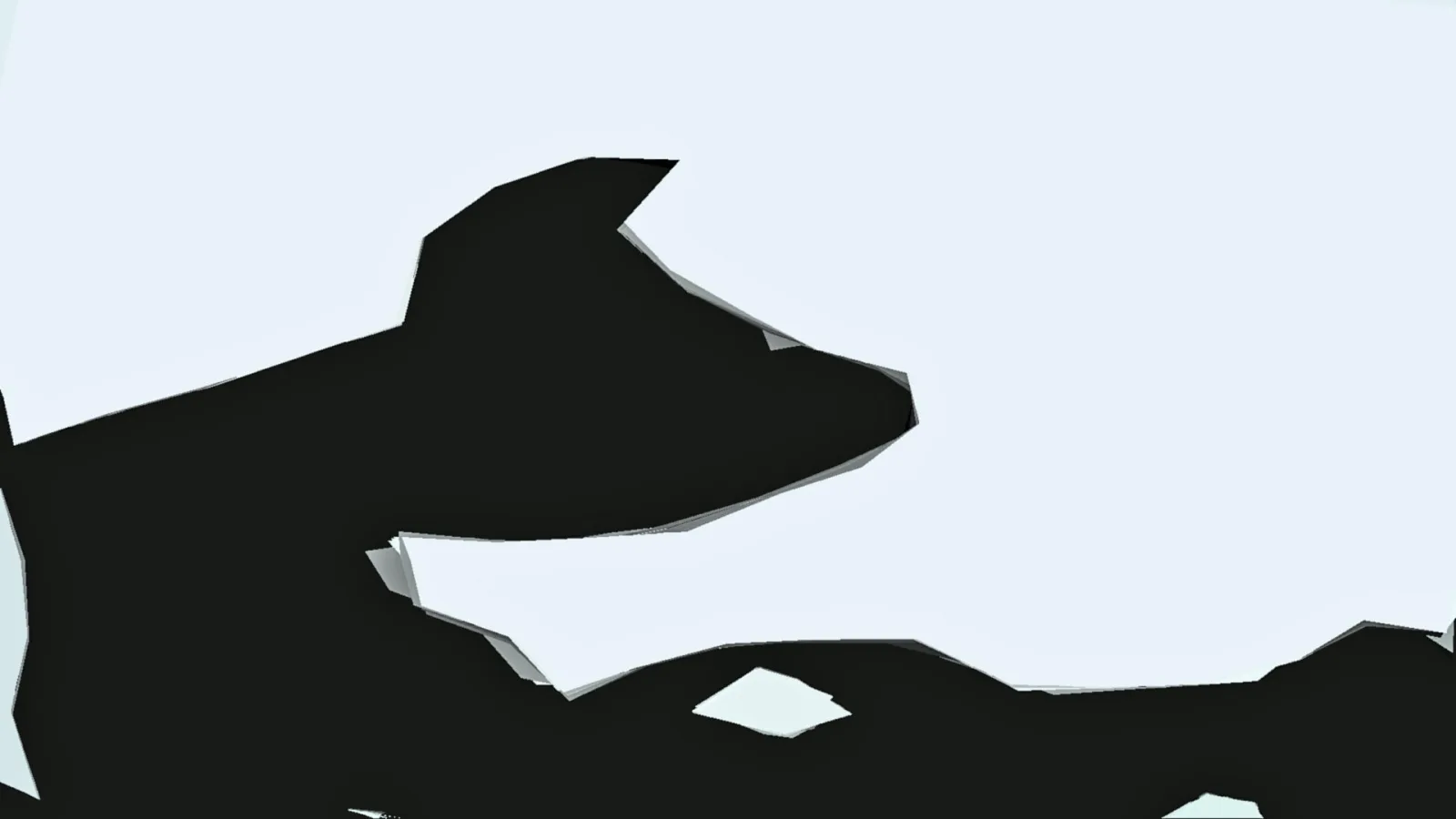 Schwarze, kantige Silhouette eines Tierkopfes im Profil nach rechts auf hellblauem Hintergrund, am unteren Rand angeschnitten.
