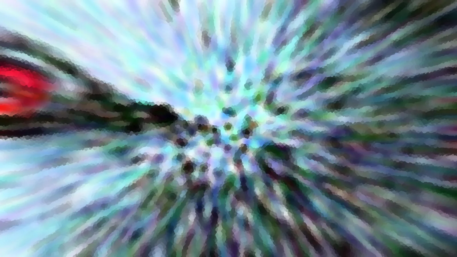 Abstrakte Komposition aus radial verwischten Streifen in Türkis, Violett und Grün, links am Rand ein roter Fleck.