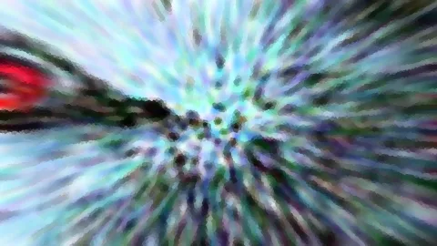 Abstrakte Komposition aus radial verwischten Streifen in Türkis, Violett und Grün, links am Rand ein roter Fleck.
