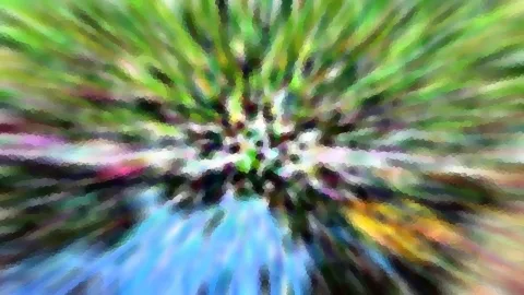 Abstrakte Komposition aus grünen, blauen, violetten und gelben Farbstreifen, die von einem hellen Zentrum radial nach außen strahlen, wie ein Zoom-Effekt.