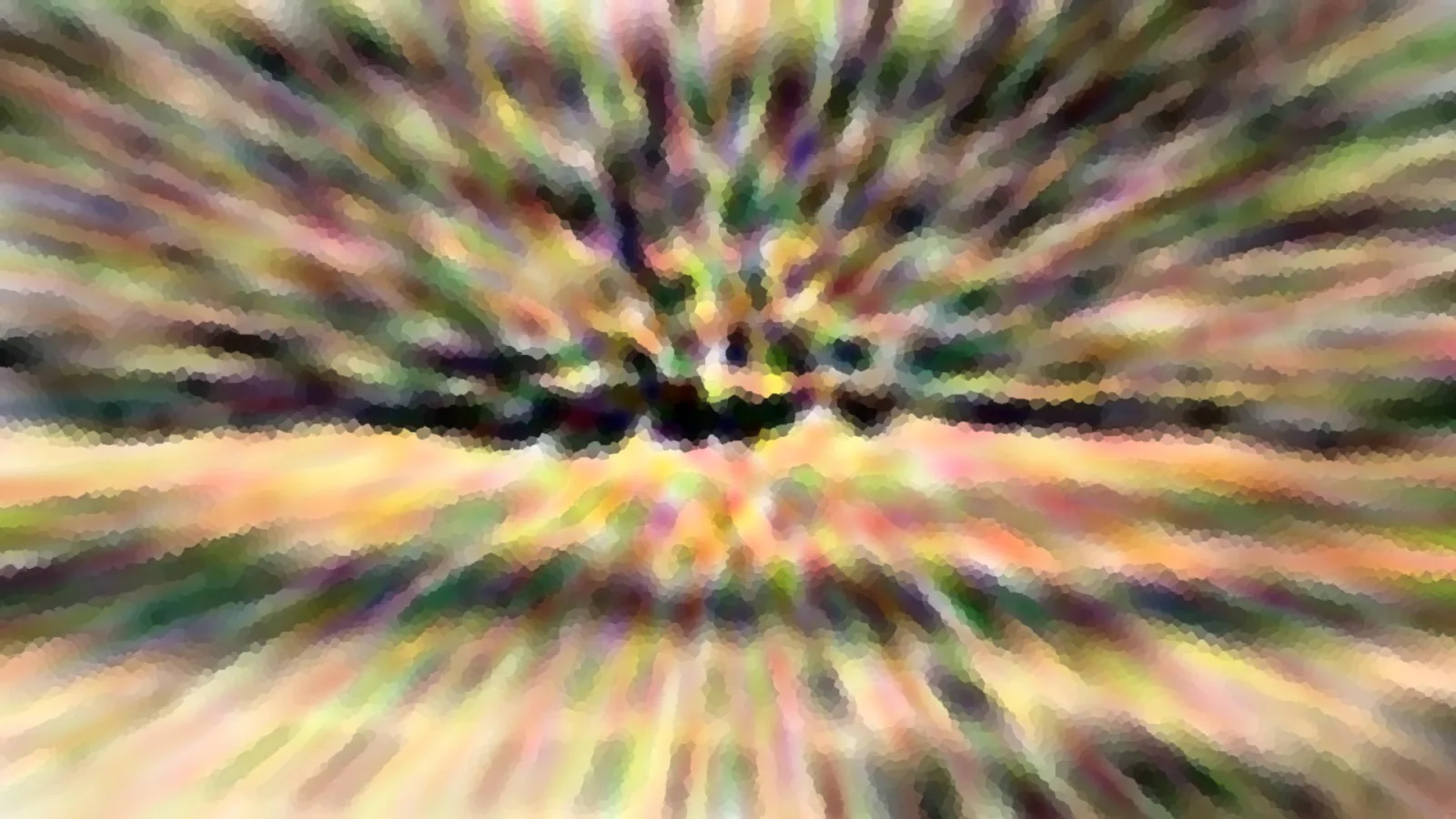 Abstrakte Komposition aus radial verlaufenden, bunten Schlieren in Grün, Gelb, Rosa und Schwarz, die von einem dunklen Zentrum nach außen strahlen.