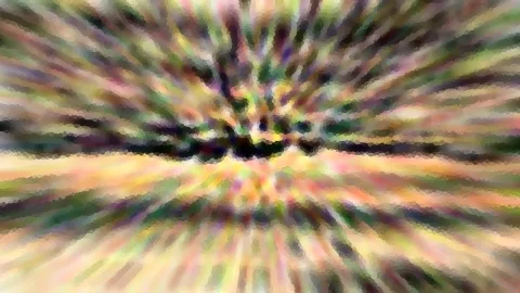 Abstrakte Komposition aus radial verlaufenden, bunten Schlieren in Grün, Gelb, Rosa und Schwarz, die von einem dunklen Zentrum nach außen strahlen.