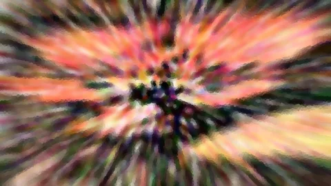 Abstrakte Komposition aus rosa, orangen und gelben Schlieren, die von einem dunklen, blütenartigen Zentrum radial nach außen strahlen, mit mosaikartiger Pixelstruktur.