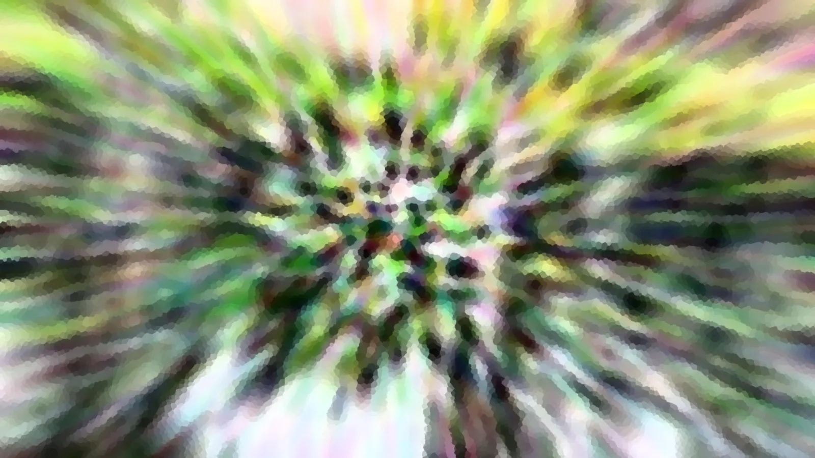 Abstrakte Komposition aus grünen, gelben und violetten Farbstreifen, die von einem dunklen Zentrum radial nach außen strahlen, mit pixeligem Mosaikmuster.