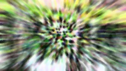 Abstrakte Komposition aus grünen, gelben und violetten Farbstreifen, die von einem dunklen Zentrum radial nach außen strahlen, mit pixeligem Mosaikmuster.