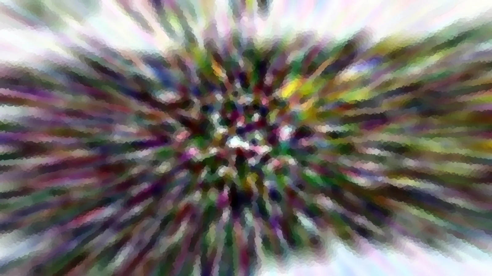 Abstraktes Bild mit bunten Farbstreifen, die von einem hellen Zentrum radial nach außen laufen, grob gepixelt.