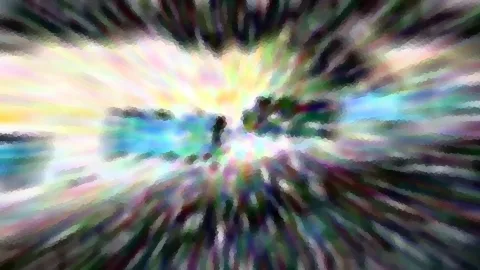 Abstrakte Komposition mit radialem Zoomeffekt: helle Farbstrahlen laufen von einer leuchtenden Mitte nach außen, dunkle Schlieren säumen die Ränder.