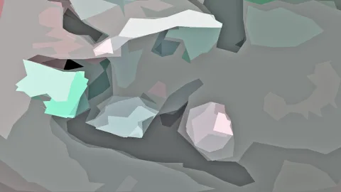 Abstrakte Komposition aus flachen, gedämpft grauen, mintgrünen und blassrosa Polygonen