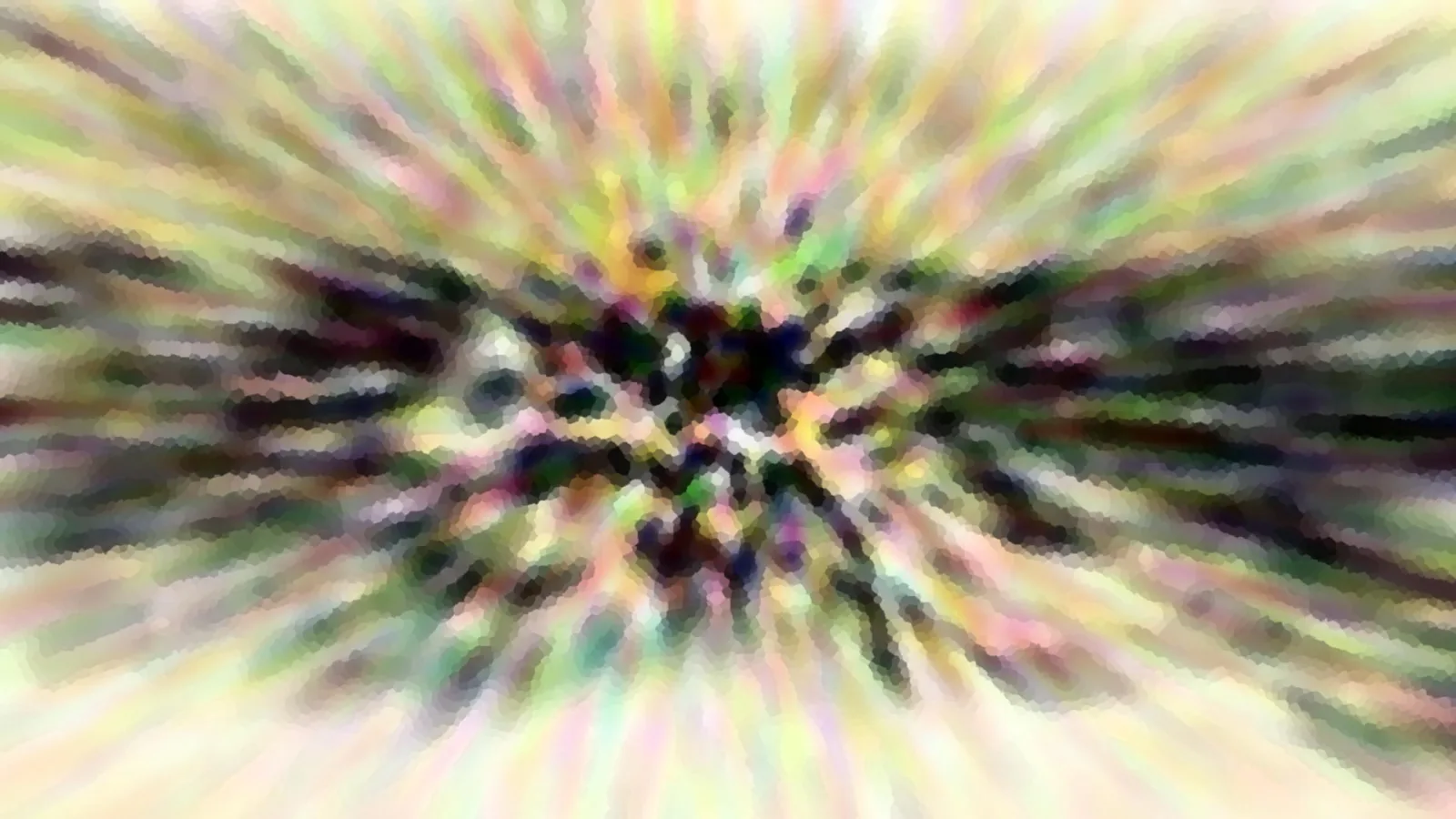 Abstrakte Komposition aus radial verlaufenden, pastellfarbenen Schlieren mit dunklem, pixeligem Zentrum