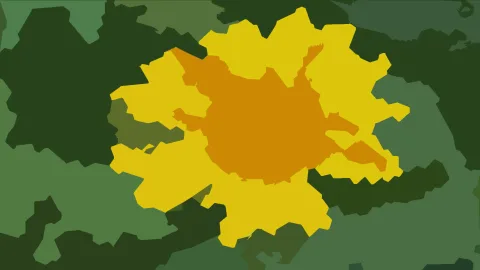 Abstrakte Komposition aus gelben, orangefarbenen und grünen Flächen mit organischen Formen