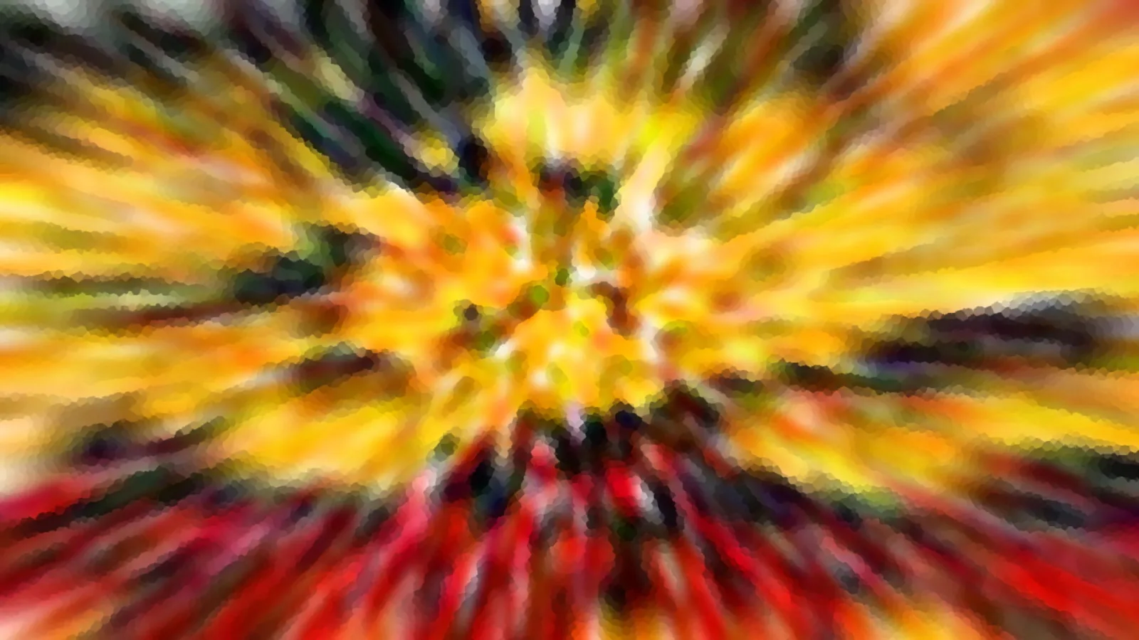 Abstraktes Bild mit radialen Streifen, die von einem gelben Zentrum nach außen laufen, unten rot, oben dunkelgrün und schwarz durchsetzt.