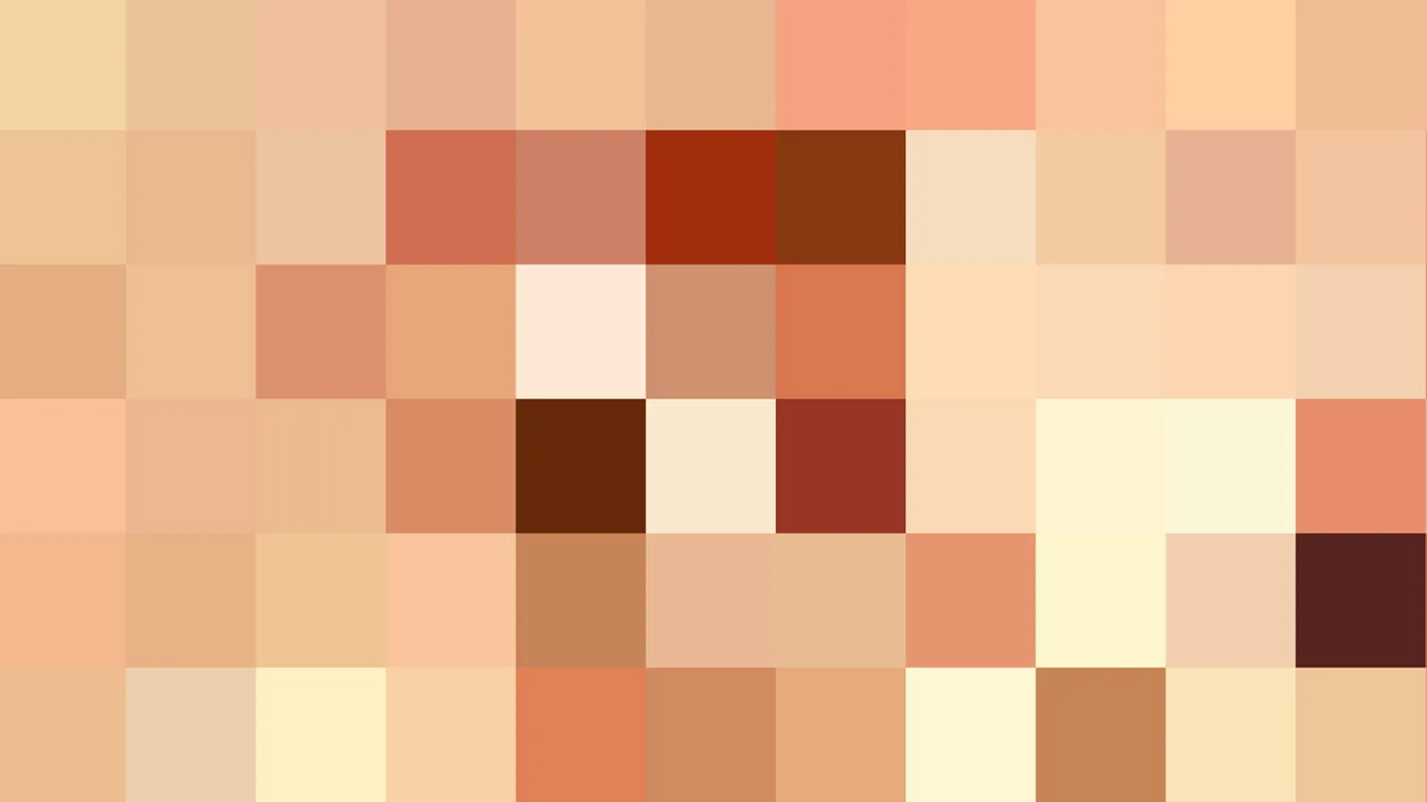 Abstraktes Mosaik aus quadratischen Pixeln in Beige, Orange und Braun, dazwischen einzelne dunkle und rote Felder.