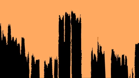 Schwarze, zackige Türmesilhouetten vor einem orangefarbenen Himmel, die Ränder wirken wie mit dem Pinsel gerissen.
