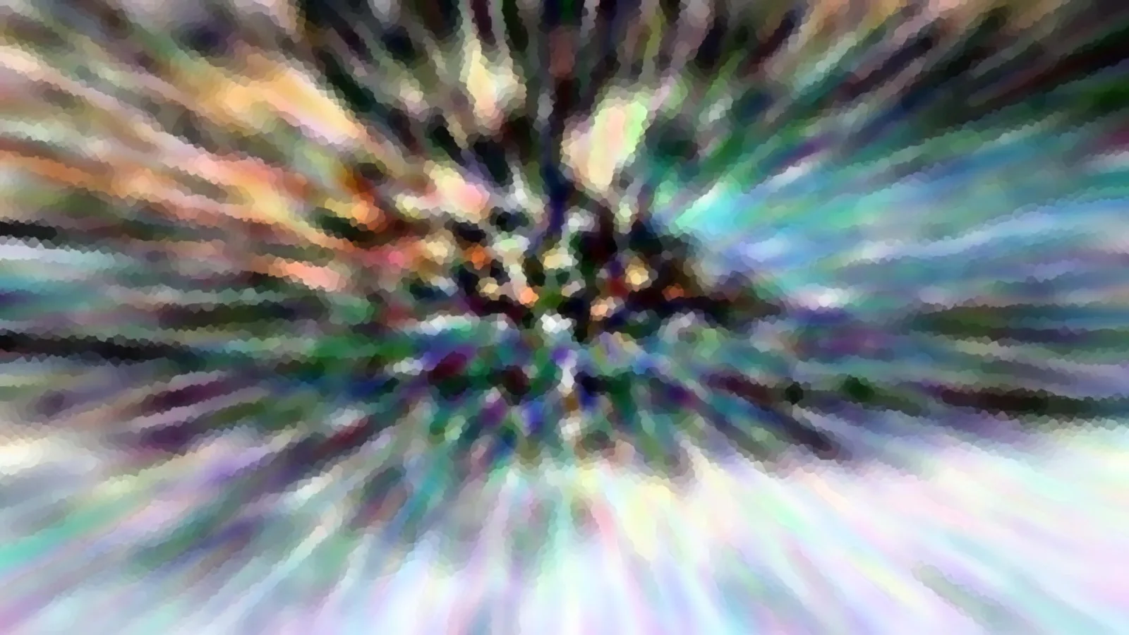 Abstrakte Komposition aus bunten Farbstrahlen, die von einem dunklen Zentrum in der Mitte nach außen laufen, mit körniger Pixelstruktur.