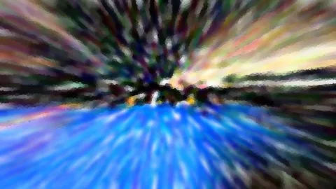 Abstrakte Komposition mit radial auseinanderlaufenden Farbstreifen, einem blauen Vordergrund und dunklen Bäumen mit hellem Abendlicht am Horizont.