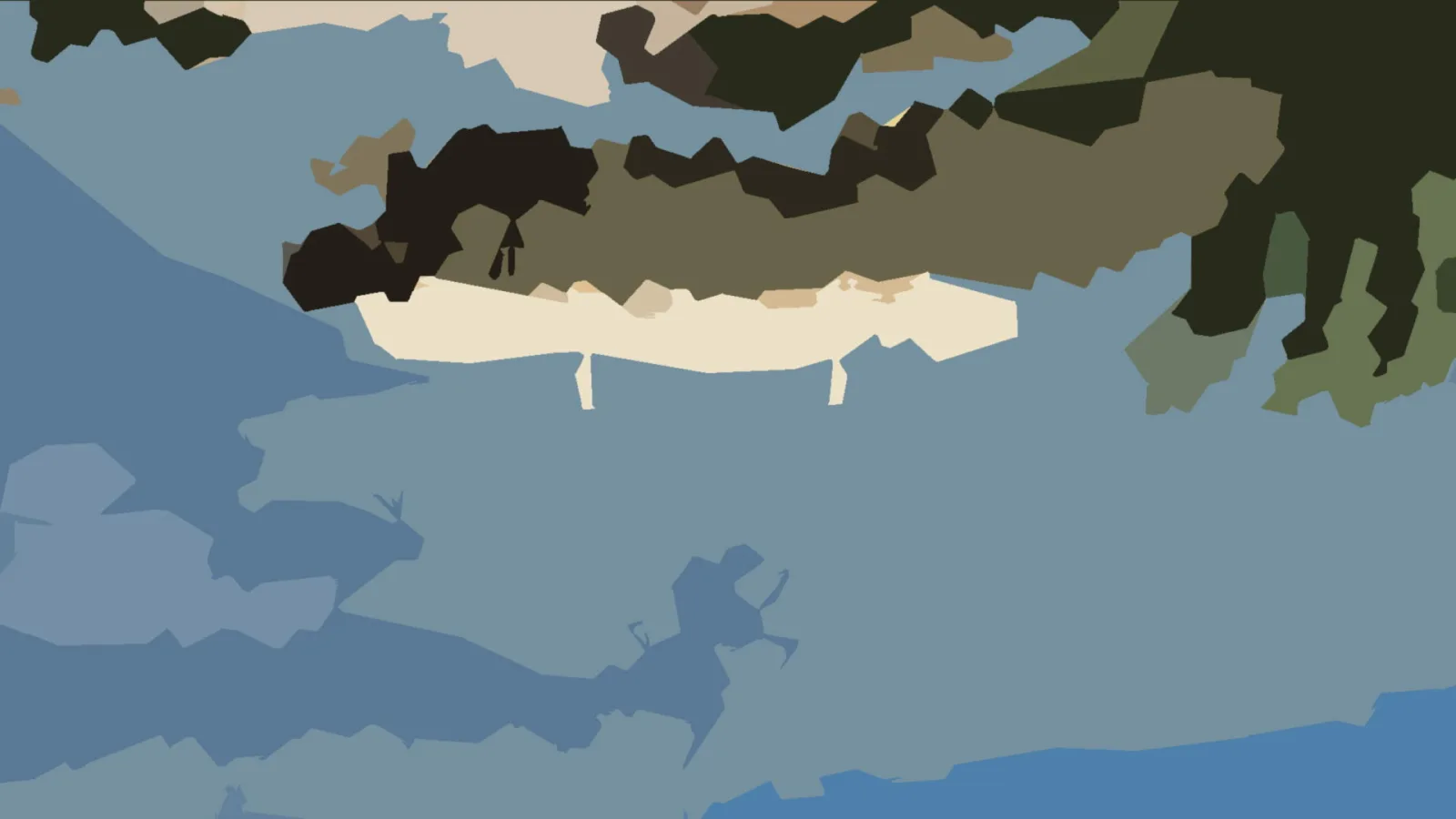 Abstrakte Komposition aus flachen, unregelmäßigen Farbflächen in Blaugrau, Oliv, Schwarz und Creme, mit einem dunkelblauen Streifen am unteren rechten Rand.