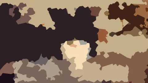 Abstrakte Komposition aus unregelmäßigen Flächen in Dunkelbraun, Beige und Creme, mit einem hellen cremefarbenen Feld in der Mitte.