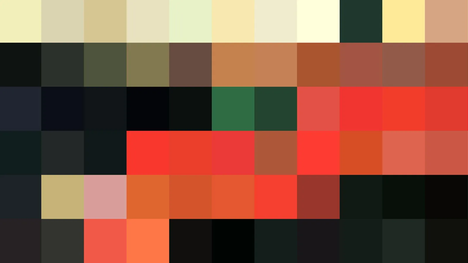 Raster aus farbigen Quadraten in Creme, Dunkelgrün, Orange und Rot.