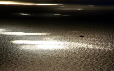 Glitzernde Lichtreflexe auf einer weiten Wasserfläche, rechts im Bild ein kleiner dunkler Pfahl aus dem Wasser ragend.