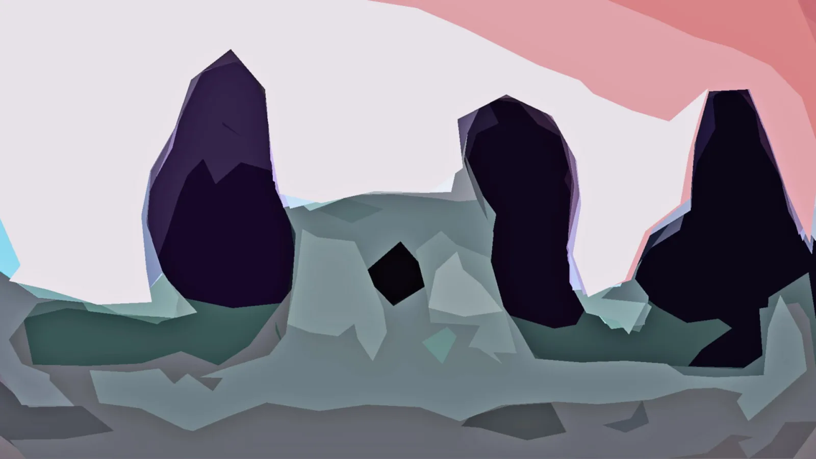 Low-Poly-Landschaft mit drei dunklen Felsformationen vor hellem Himmel, rosa Streifen oben rechts und graugrünem Untergrund