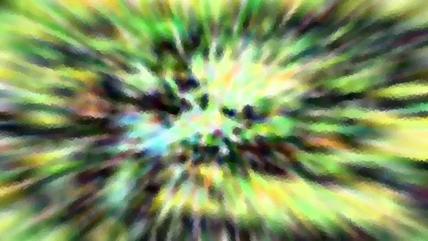 Abstrakte Komposition aus grünen, gelben und dunklen Farbstrahlen, die von einem hellen Zentrum radial nach außen verlaufen und mosaikartig verpixelt sind