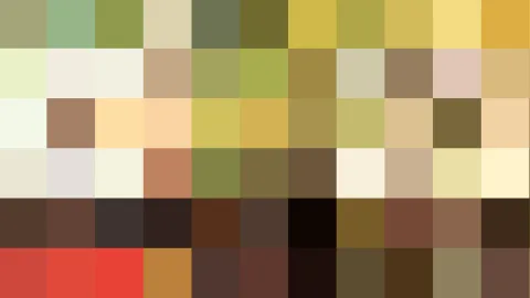 Abstraktes Mosaik aus quadratischen Farbfeldern in Oliv, Gelb, Beige, Braun, Rot und Schwarz, in 10 Spalten und 6 Reihen angeordnet.