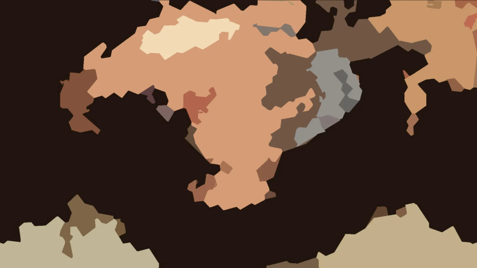 Abstrakte Komposition aus unregelmäßigen, flachen Farbflächen in Ocker, Beige, Braun und Grau auf dunklem Hintergrund.
