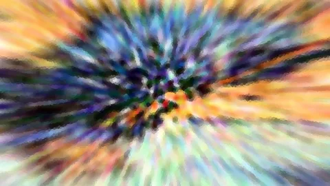Abstrakte Komposition aus bunten Strichen, die von einem dunklen Zentrum radial nach außen strahlen, in Blau, Violett, Orange und Grün.