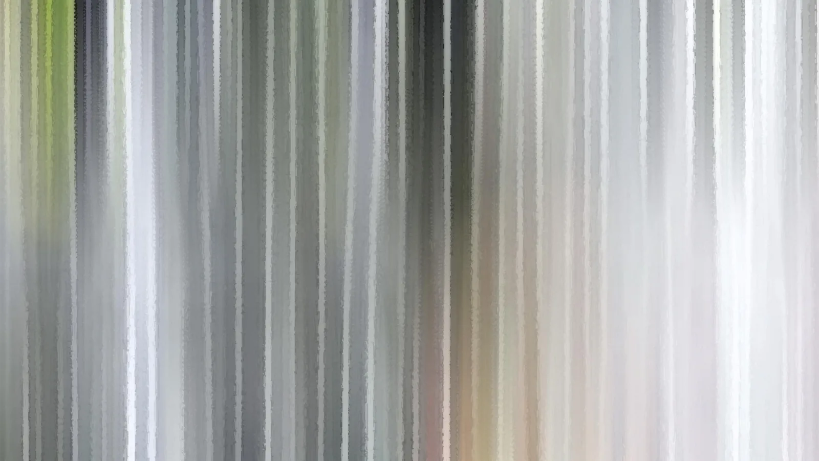 Abstrakte Komposition aus vertikalen, verwischten Streifen in Grau, Weiß, Grün und Beige, mit weichen, leicht gezackten Kanten.
