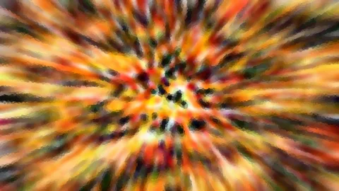 Abstraktes Bild mit radial von einem Zentrum ausgehenden Streifen in Orange, Gelb, Rot und Grün, im Zentrum dunkle Flecken.