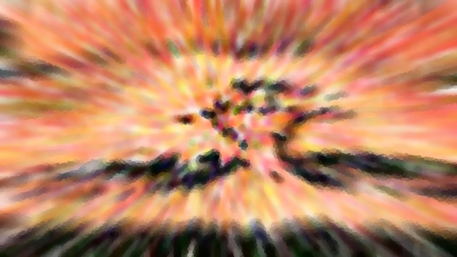 Abstrakte Komposition mit radialen Schlieren in Orange, Rot und Gelb, die von einem dunklen, verschwommenen Motiv in der Bildmitte ausgehen.