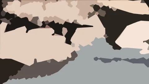 Abstraktes Bild aus unregelmäßigen, flächigen Formen in Beige, Cremeweiß, Schwarz und Grau, die sich wie ein Mosaik überlagern.