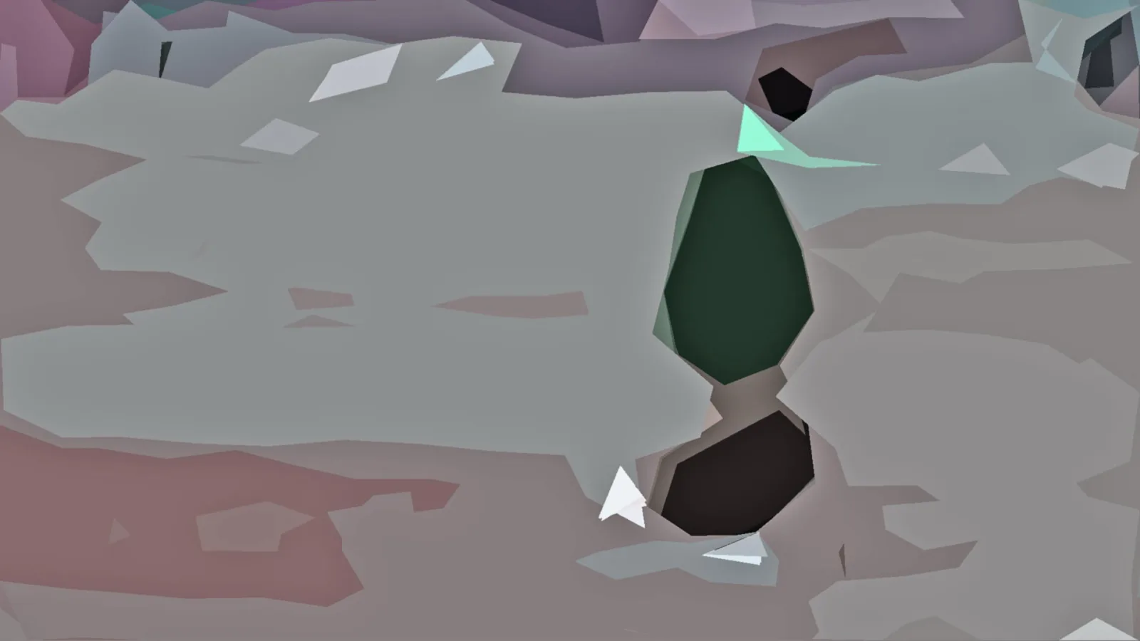 Abstrakte Low-Poly-Komposition mit grauen Flächen, einem dunkelgrünen Oval und einem dunkelbraunen Fleck, dazwischen weiße Dreiecke.