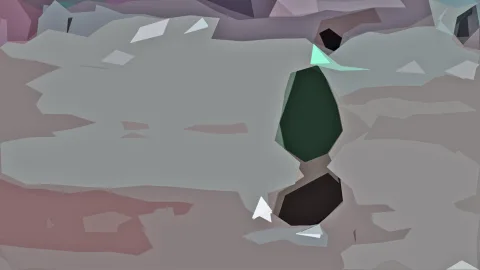 Abstrakte Low-Poly-Komposition mit grauen Flächen, einem dunkelgrünen Oval und einem dunkelbraunen Fleck, dazwischen weiße Dreiecke.