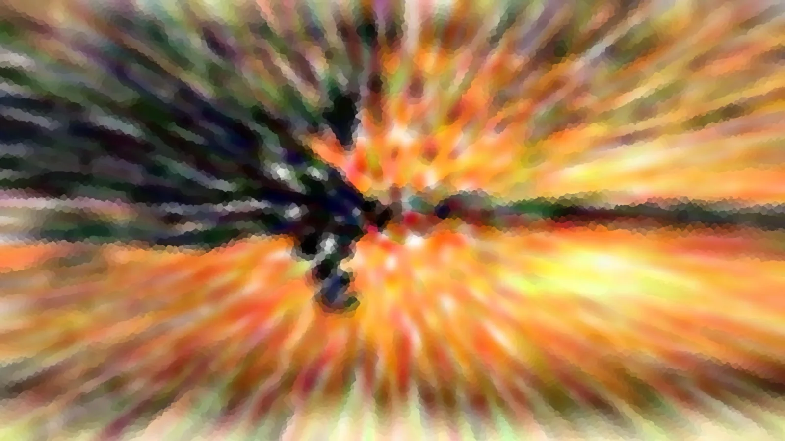 Abstrakte radiale Unschärfe in Orange, Gelb und Grün, mit einer dunklen Silhouette nahe der Bildmitte.