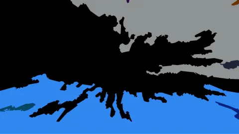 Abstrakte Flächenaufteilung mit einer großen schwarzen, zerfransten Form in der Mitte, darunter eine blaue Fläche, oben grau, mit kleinen farbigen Akzenten am Rand.