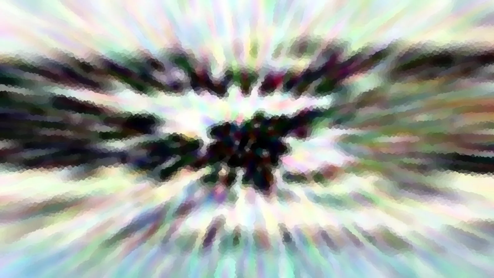 Abstrakte Komposition aus radial von der Mitte ausstrahlenden, verwischten Farbstreifen in Pastelltönen wie Mint, Rosa und Weiß, mit einem dunklen, körnigen Zentrum.