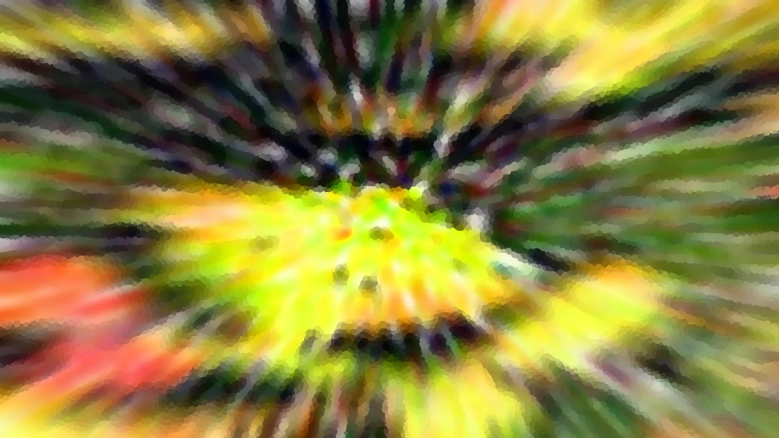 Abstrakte Komposition aus radial von einem hellen Zentrum ausstrahlenden Streifen in Gelb, Grün, Rot und Schwarz, mosaikartig verpixelt.