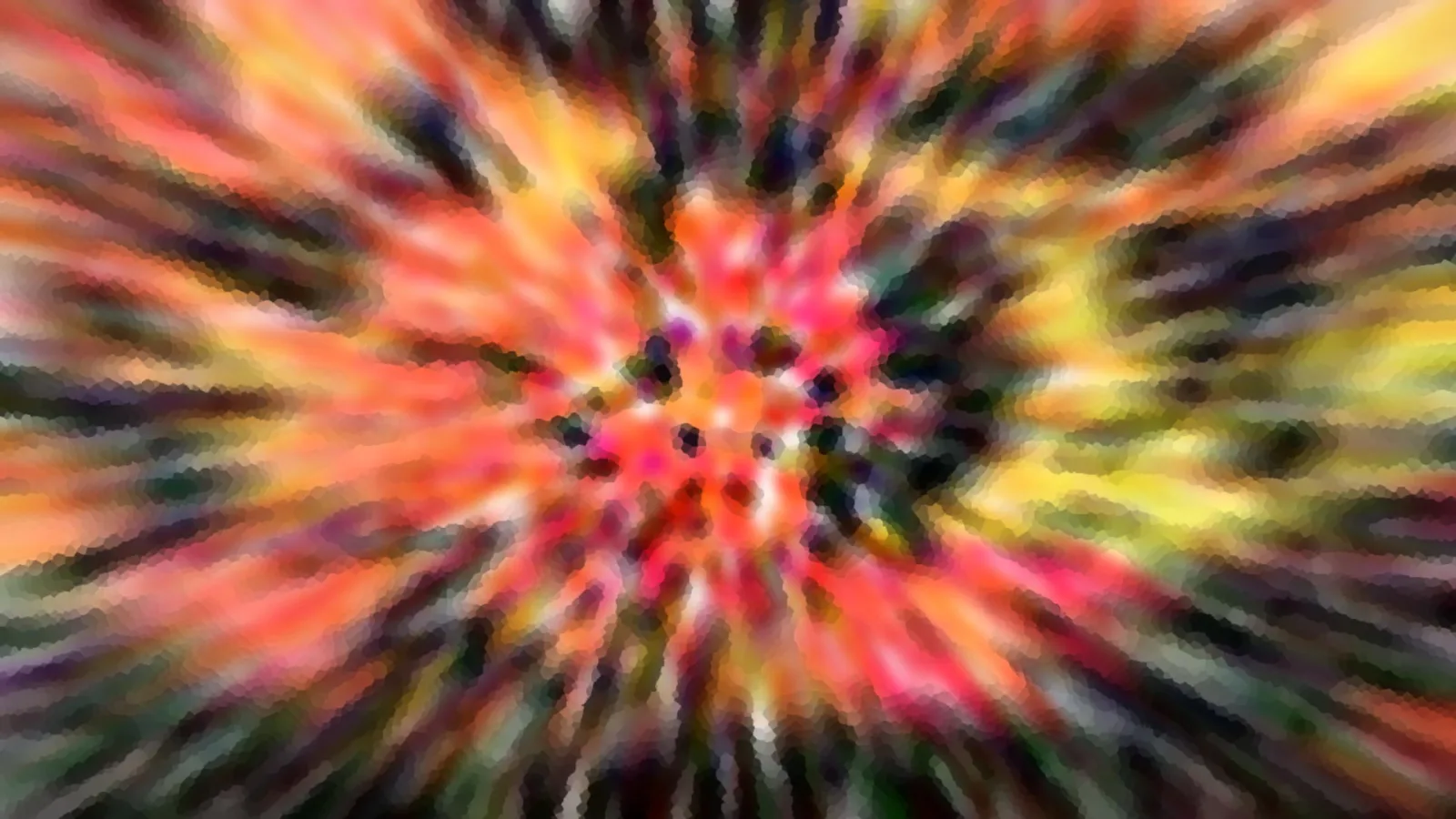 Abstrakte, radiale Komposition aus roten, orangefarbenen, gelben und schwarzen Farbschlieren, die von einem dunklen Punktkranz in der Mitte nach außen strahlen.